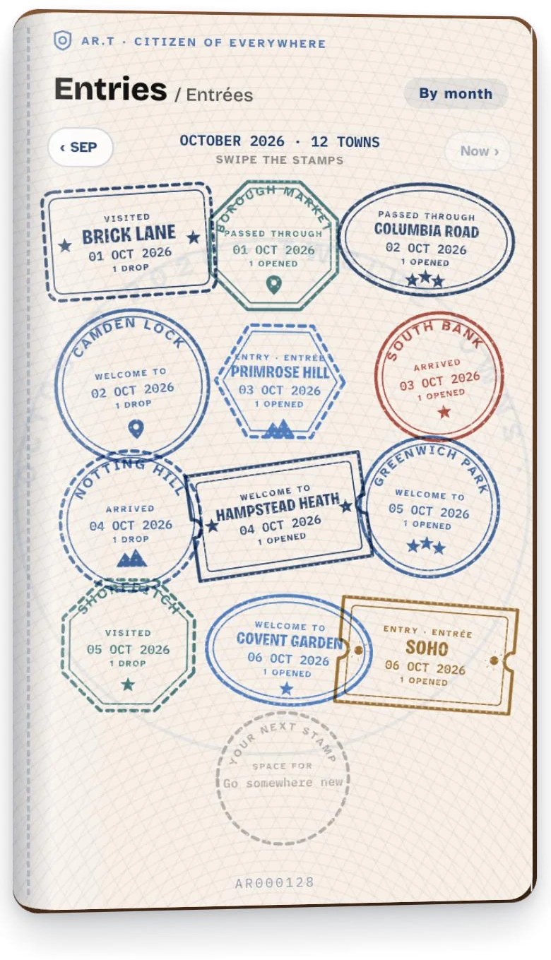 An example Entries page: a month of stamps from Brick Lane, Borough Market, Camden Lock and more.