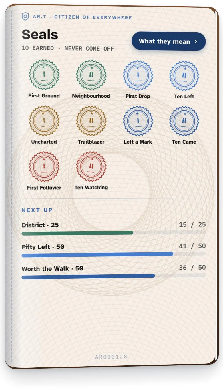 An example Seals page: ten seals earned, and the next three with progress bars.
